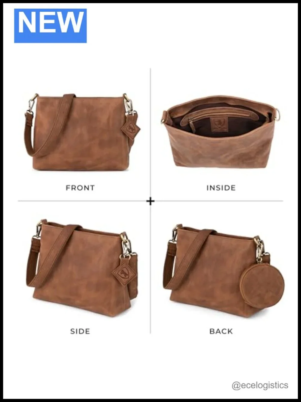 Genuine Leather Crossbody Bag Adjustable Strap Detachable Pouch YKK Zipper